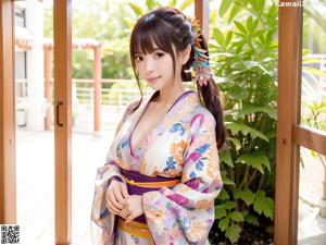 A woman in a blue and pink kimono posing for the camera.