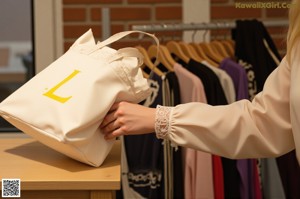 A woman standing in front of a shelf filled with colorful bags.